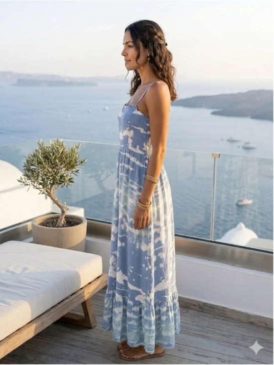 Knox Rose Blue White Cloud Tie Dye Maxi Dress Boho Coastal Resort Ruffle M - Picture 3 of 11